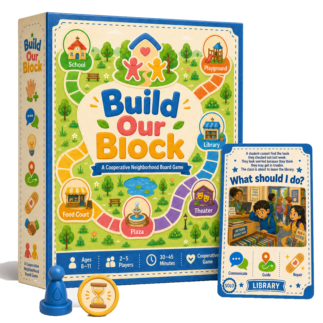 Build Our Block board game box and components